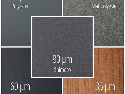 Übersicht der Firstblech-Beschichtungen: Polyester, Matt, Shimoco, TTHD, Struktur
